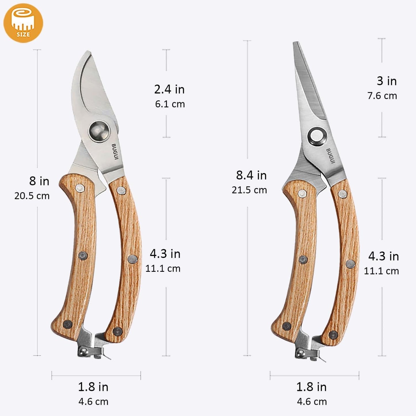 BUGUI 8” Wood Handle Garden Scissors, Set of 2, Includes Bypass Pruning Shears and Long Straight Tip Clippers, Premium Gardening Tools with Precision-Ground SK-5 Steel Blade