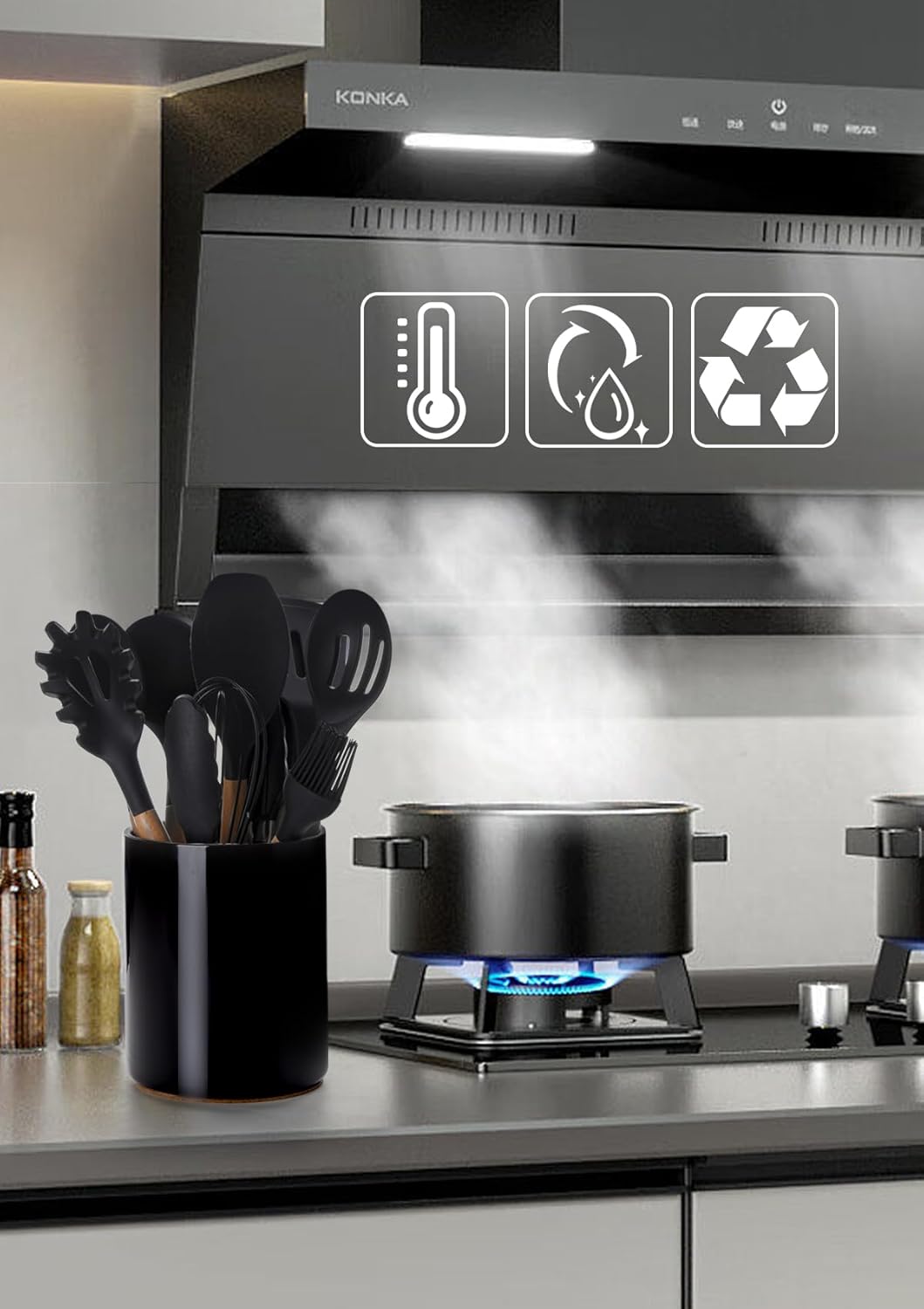 Nucookery Utensil Holder, 6.4" Ceramic Kitchen Utensil Holder with Countertop-Protection Cork Bottom, Farmhouse Kitchen Decor for Counter (Black)