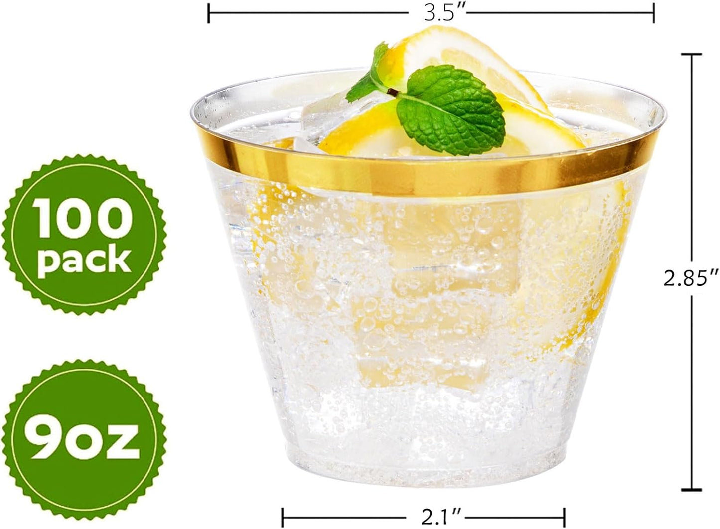 I00000 Heavy Duty Plastic Cups, 9 oz, Gold Rimmed, Clear, 100 Count, BPA Free, Disposable, for Party & Wedding