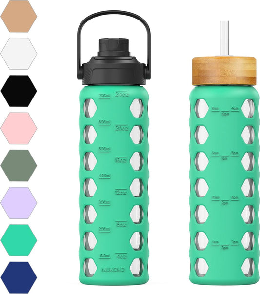 MUKOKO 24oz Glass Water Bottle with 2 Lids-Handle Flip Lid&Bamboo Straw Lid,Motivational Water Tumbler with Time Marker Reminder and Silicone Sleeve, Leakproof-Green