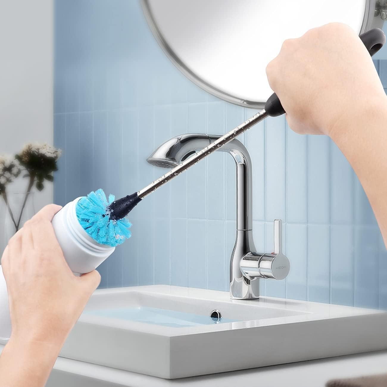 Stainless Steel Long Handled Water Bottle Brush-Flexible and Flexible Brush for Water Bottles, Milk Bottles, Glasses, Glassware, Food Jars, Wake-up Jars, 15 in.