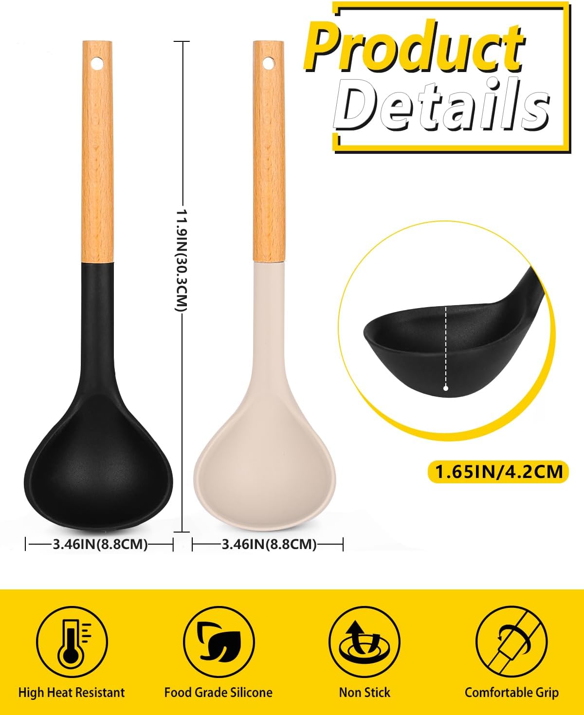 Pack of 2 Soup Ladle, Silicone Ladle Spoon with Wooden Handle, Large Non Stick High Heat Resistant Kitchen Utensils for Cooking, Stirring, Serving Soups(BLACK-KHAKI)