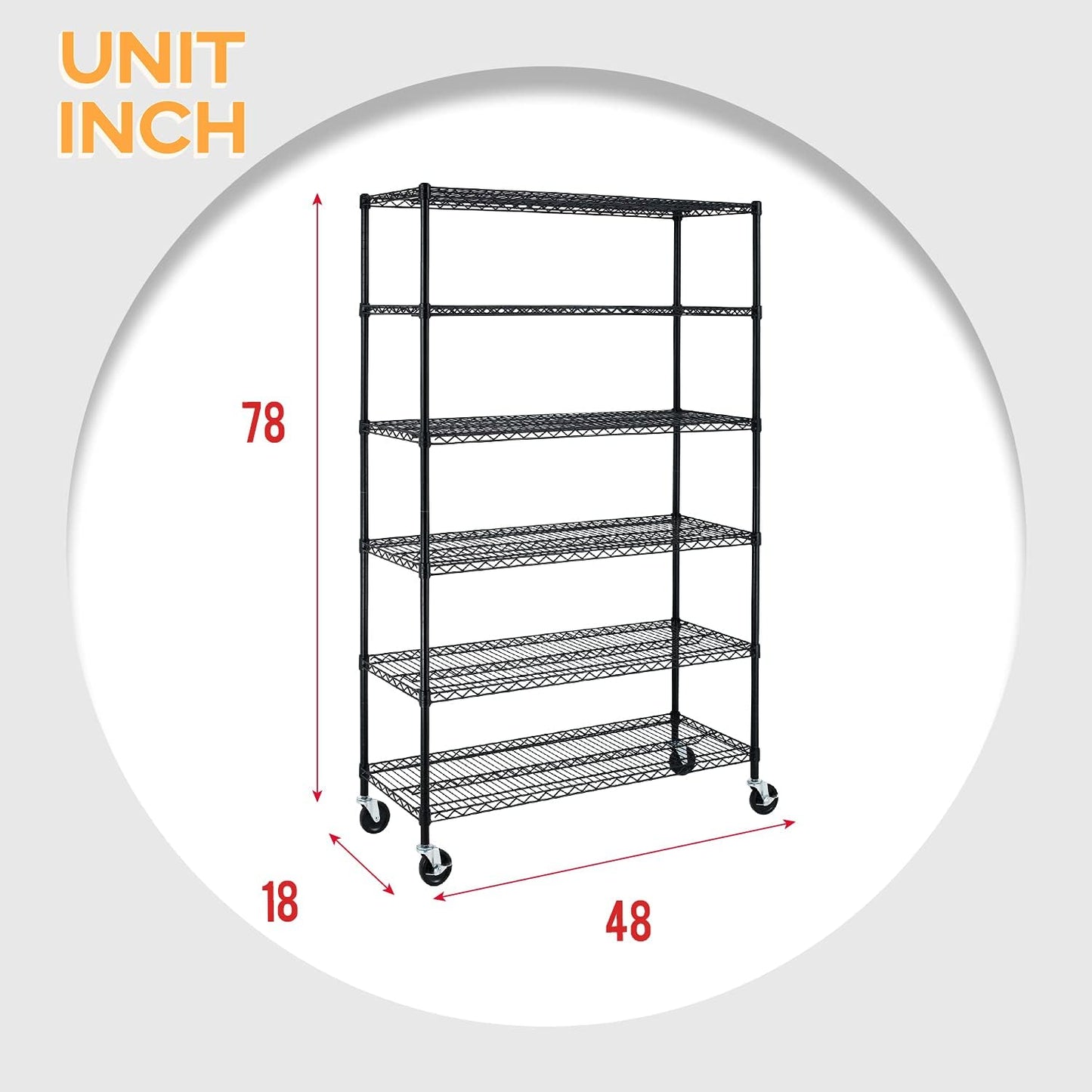 FDW 48" L×18" W×76" H Wire Shelving Unit Metal Shelf with 6 Tier Casters Adjustable Layer Rack Strong Steel for Restaurant Garage Pantry Kitchen Garage,Black