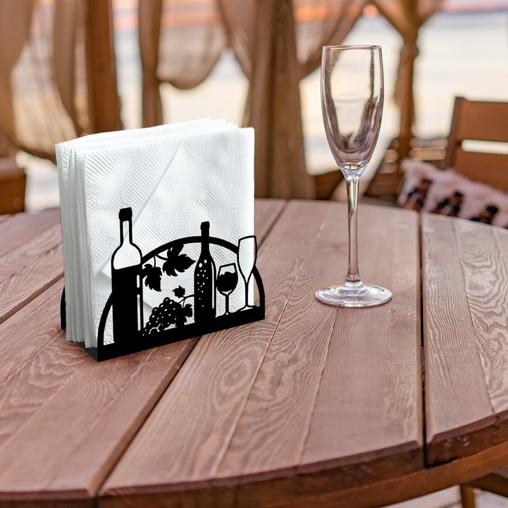 Grape Wine and Glass Decorative Black Metal Napkin Holder for Table, 4.9" x 4.9" x 1.9" Standing Napkin Holder for Home Kitchen Restaurant Picnic Party Coffee Bar Dining Room