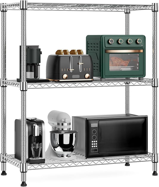 750 lbs 3 Tier Storage Rack Metal Wire Shelving Unit, Storage Standing Shelf Organizer for Laundry Bathroom Kitchen Pantry Closet Garage Basement Utility Room, Chrome 13.8" D x 29.5" W x 35.5" H