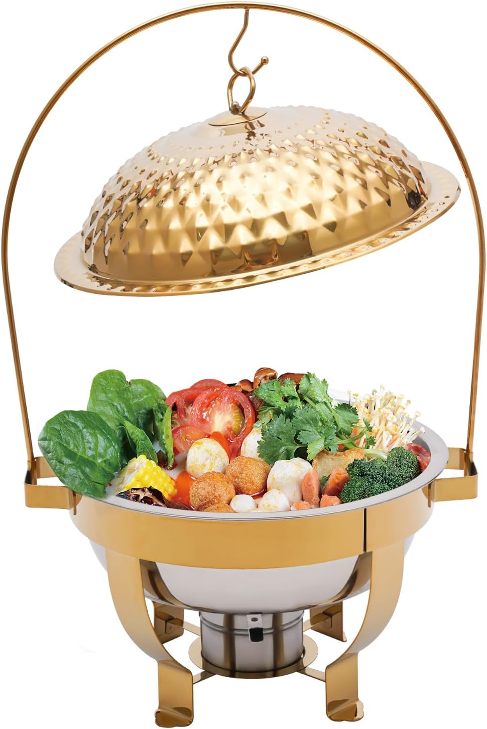 Chafing Dish Buffet Set, Stainless Steel Hanging Lid Dining Stove, Roll Top Chafing Dish Buffet Diamond-Shaped Lid and Round Stand for Buffet Restaurants and Banquets (Gold, 4.5L/4.76Qt)