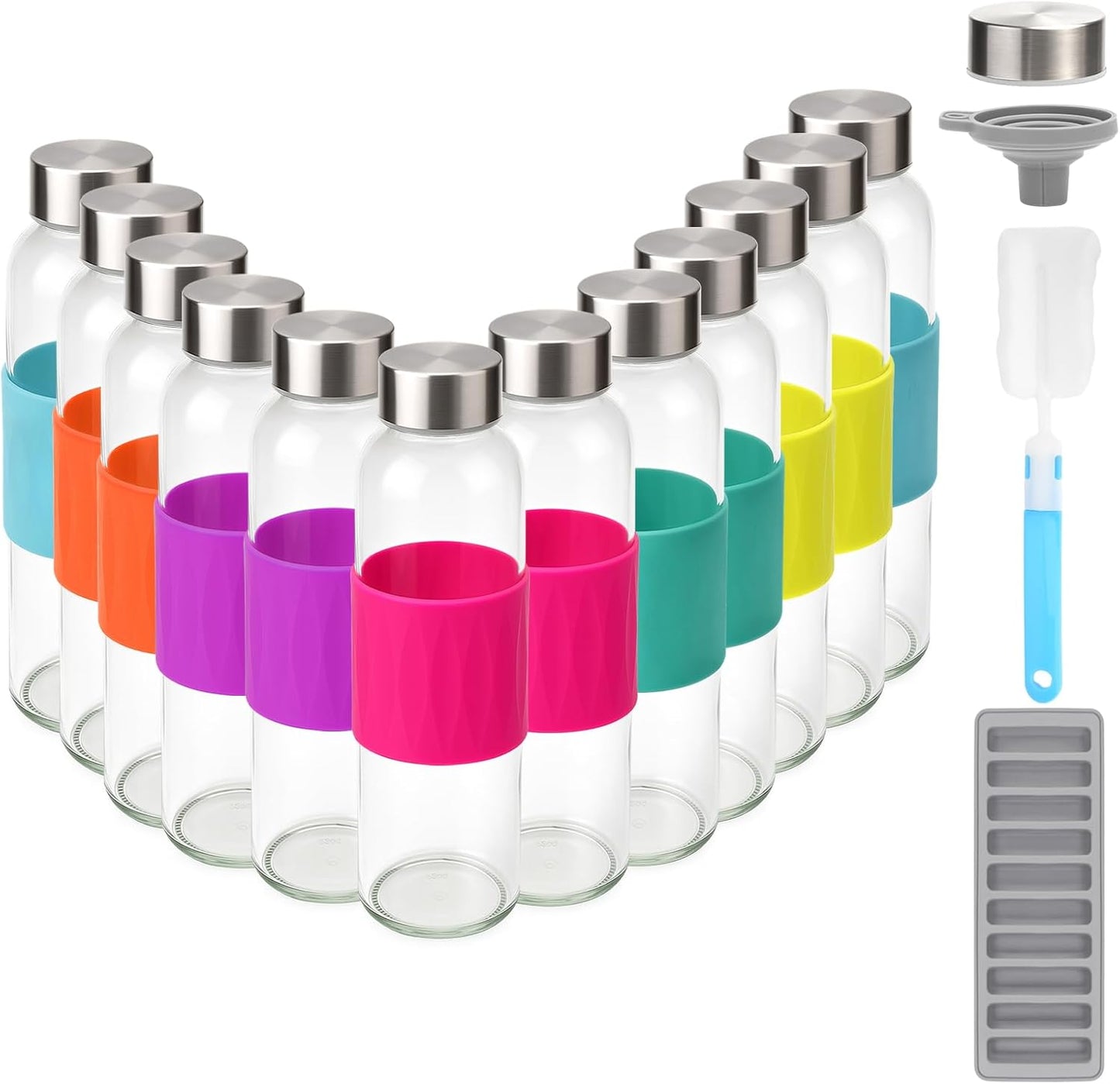 Zukro Glass Water Bottles with Lids 18 oz, Reusable Clear Juice Bottles Stainless Steel Airtight Cap for Juicing, 100% Leak Proof Juice Drinking Jar With Sleeve for Refrigerator, BPA Free, Set of 12