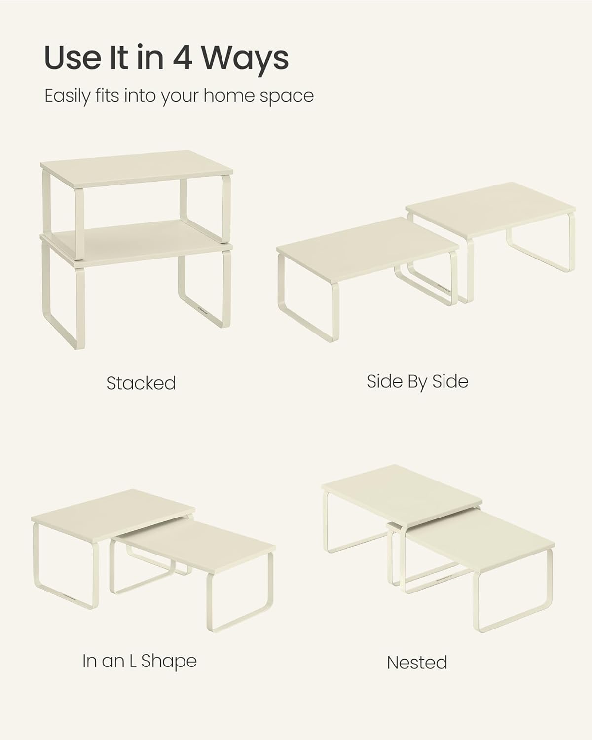 SONGMICS Cabinet Organizer Shelf, Set of 2 Kitchen Counter Shelves, Kitchen Storage, Spice Rack, Stackable, Expandable, Metal and Engineered Wood, Cream White UKCS002W02