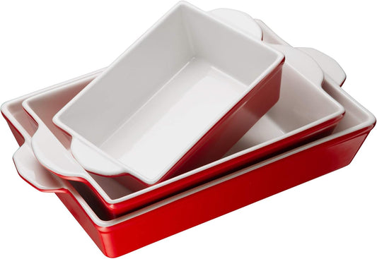 Kook Casserole Dish, Ceramic Baking Dish, Large Lasagna Pan Deep for Oven, 8.5 x 14, 11 x 7, 8 x 5, Set of 3, 92oz, 50oz, 20oz, Baking Pan with Handles, Oven Safe and Durable, Home, Gift, (Cherry Red)