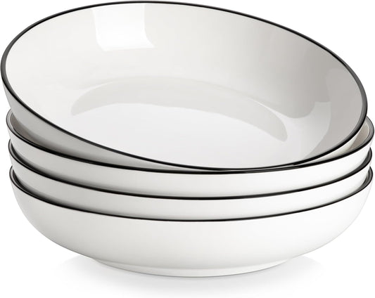 MALACASA 10" Large Pasta Bowls, 56 OZ White Salad Bowls Soup Bowls, Porcelain Serving Bowls Set of 4, Ivory White & Black Rim, Microwave & Dishwasher Safe, Series REGULAR