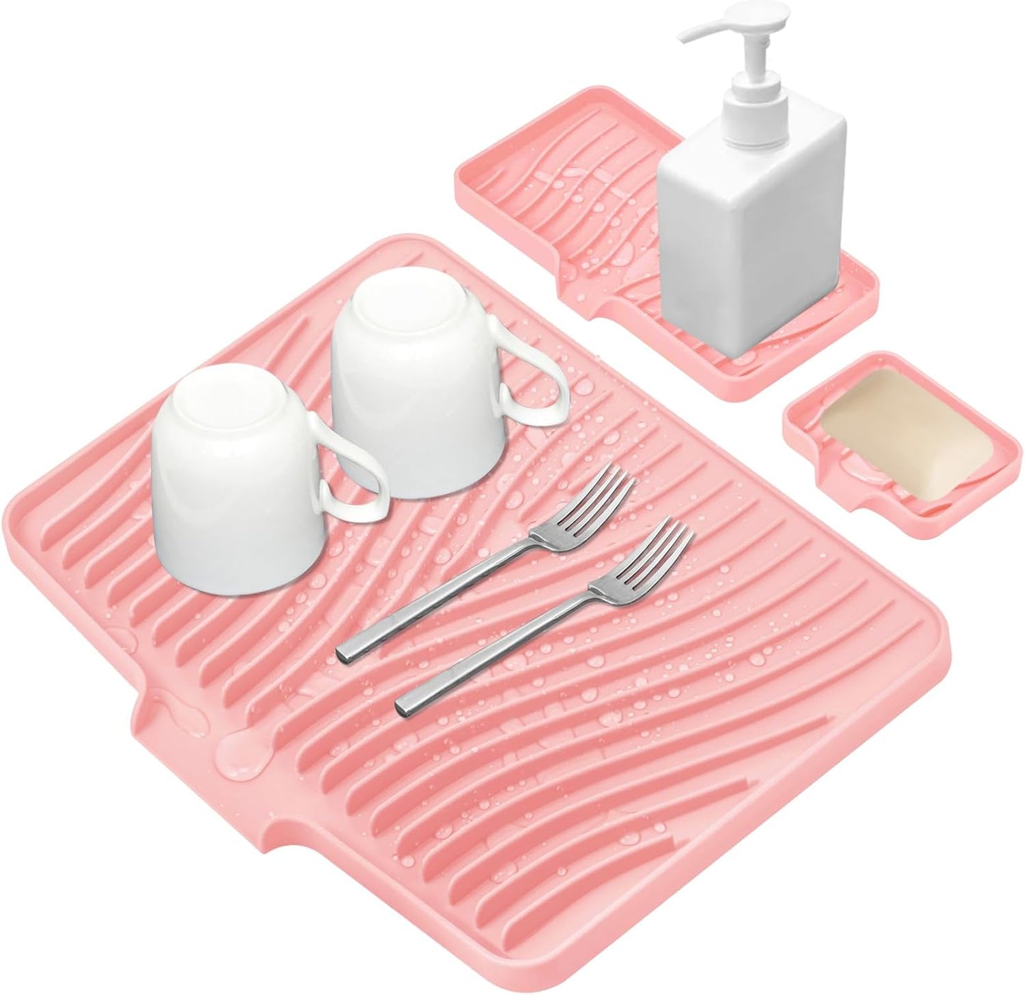Silicone Dish Drying Mat for Kitchen Counter, Dish Drying Pad, Non-Slip Drain Pad with Built-in Drain, Heat Resistant Stone Drying Mat, 3 pcs (Pink)