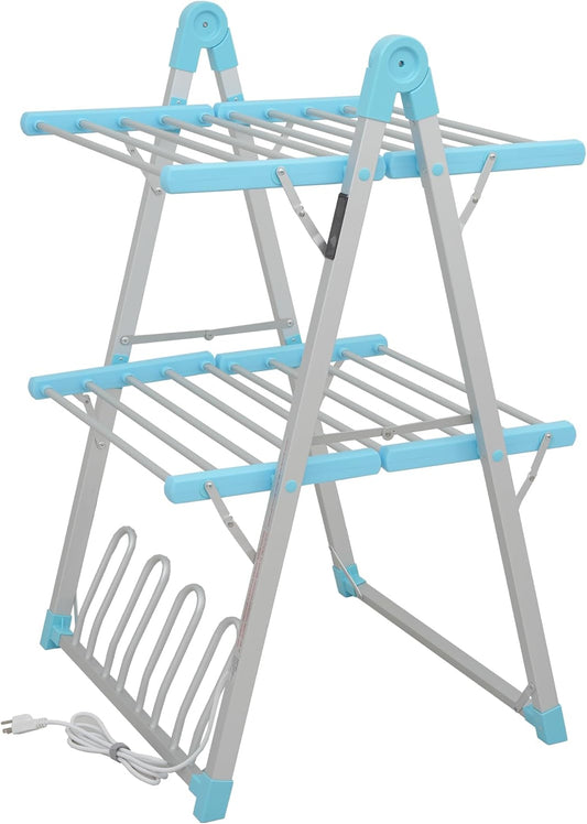 Electric Heated Clothes Drying Rack,Foldable Heated Garment Dryer with Timer Shut-Off Laundry Rack for Clothes Shoes Socks,Aluminum Alloy,Blue,Plug & Play,(39.37x25.98x23.82in)