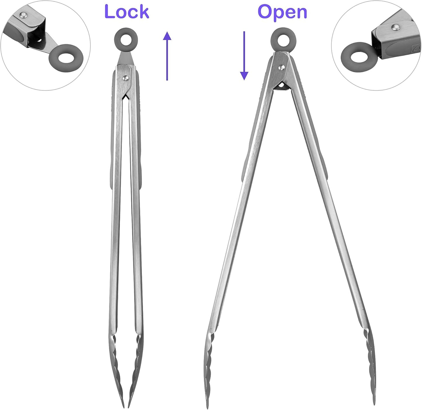 304 Stainless Steel Kitchen Cooking Tongs, 14" and 16" Set of 2 Sturdy Grilling Barbeque Brushed Locking Food Tongs with Ergonomic Grip, Grey