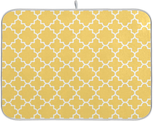 Super Absorbent Dish Drying Mat, Microfiber Fast-Drying Dish Mat, 24" x 18", Kitchen Dish Drying Pad, Quatrefoil Lattice Yellow Pattern