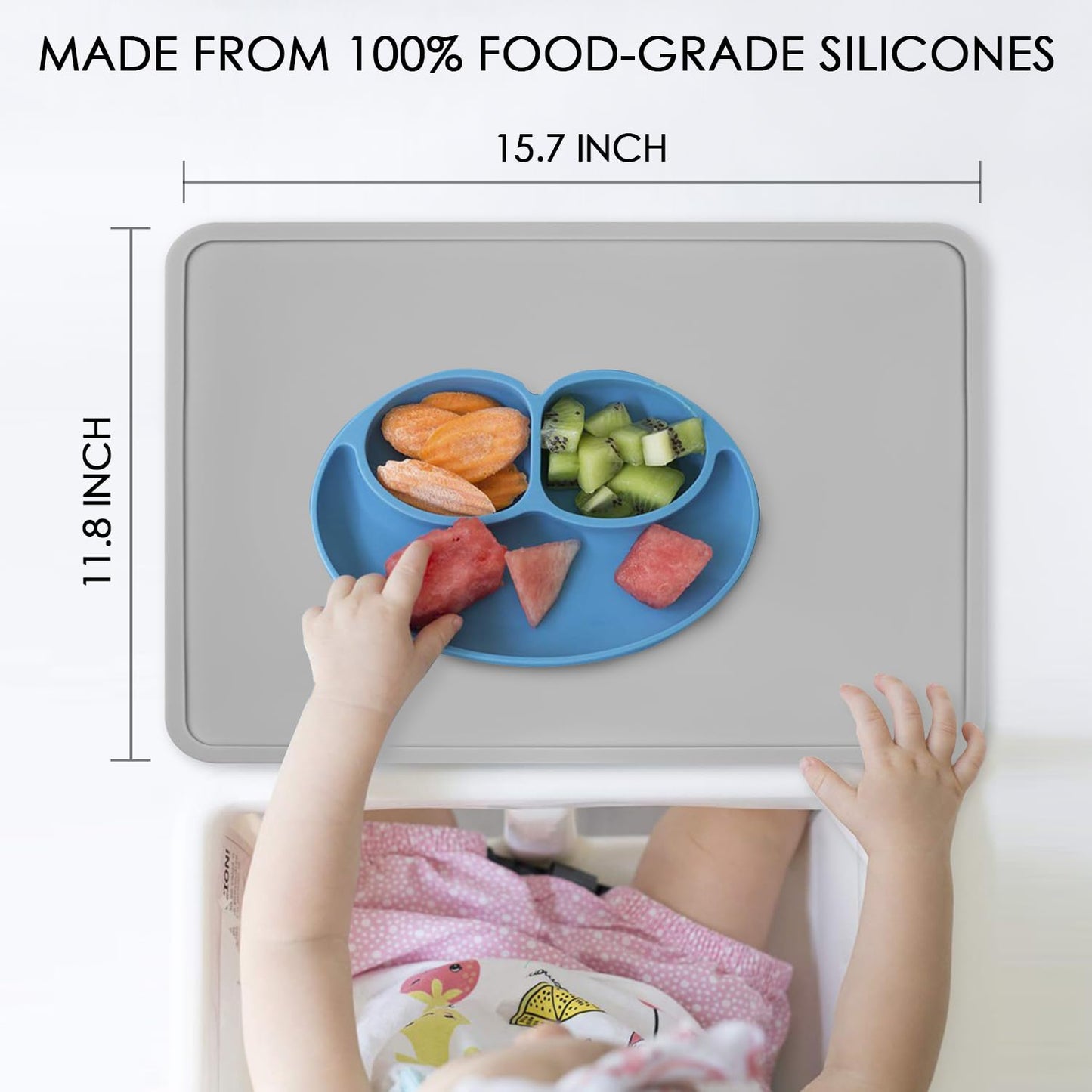 Silicone Placemats with Raised Edges for Kids, Kids Placemat for Dining Table, Silicone Table Mat Portable Reusable Non-Slip Mats for Kids Toddler Children (Grey)
