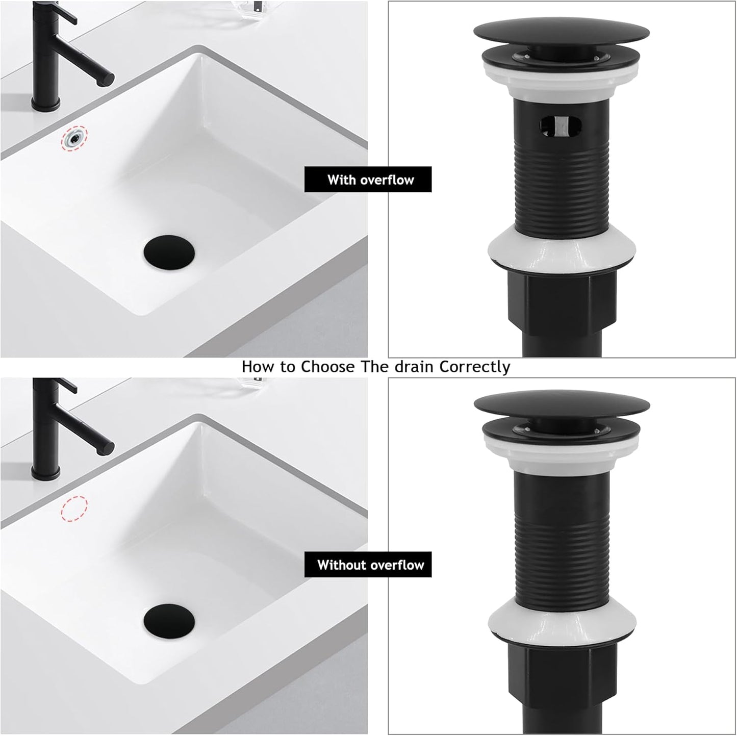 Bathroom Sink Drain,Drain Stopper Bathroom Sink Without Overflow,Pop Up Drain Assembly with Detachable Strainer Basket,Built-in Anti-Clogging, Stainless Steel Nut Mattle Black