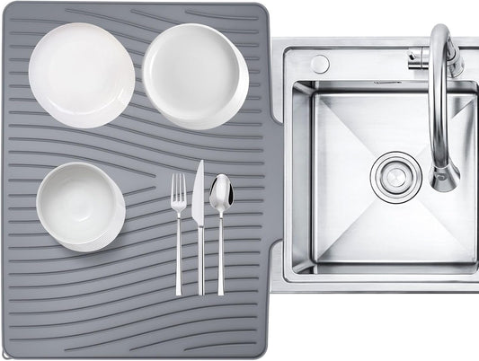 Silicone Dish Drying Mat with Drain Lip 23.6'' x 17.9'' Non-Slip Silicone Dish Drying Mat for Kitchen Counter, Heat Resistant Dish Drying Pad Quick Dry Self-draining Dish Drainer Mat Board Grey