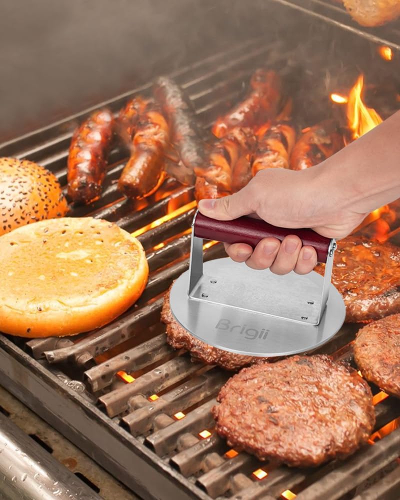 Brigii Burger Press Smasher, 1.5lb Heavy-Duty Stainless Steel, with Flat Nonstick Surface and Wooden Handle, for Hamburger Patty, Bacon, Steak, BBQ Grilling, Dishwasher Safe