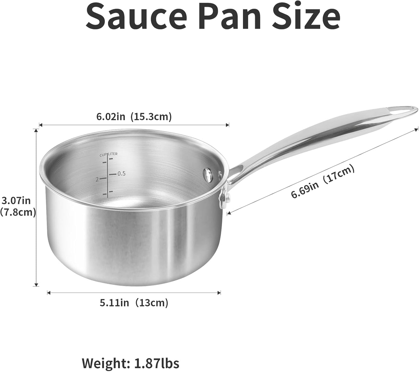 Macevia Sauce Pan with Glass Lid, 18/10 Stainless Steel Pot with Stay-Cool Handle, For All Stoves Multipurpose Use for Home Kitchen or Restaurant（1 Quart）- Silver