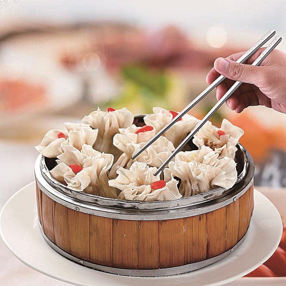 Metal Chopsticks Reusable Titanium Plated Stainless Steel Japanese Korean for Food & Cooking 9.5Inch Non-Slip for Beginners Square Laser 5 Pairs Gift Set
