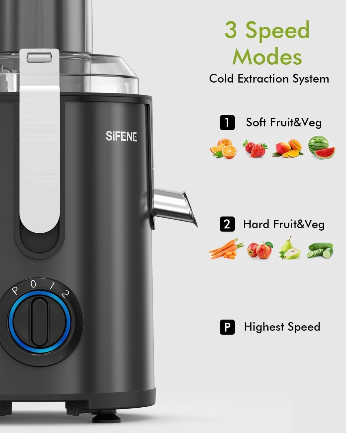 SiFENE Juicer Machine, 800W Centrifugal Juicer with 3.2" Big Mouth for Whole Fruits and Veggies, Juice Extractor Maker with 3 Speeds Settings, Easy to Clean
