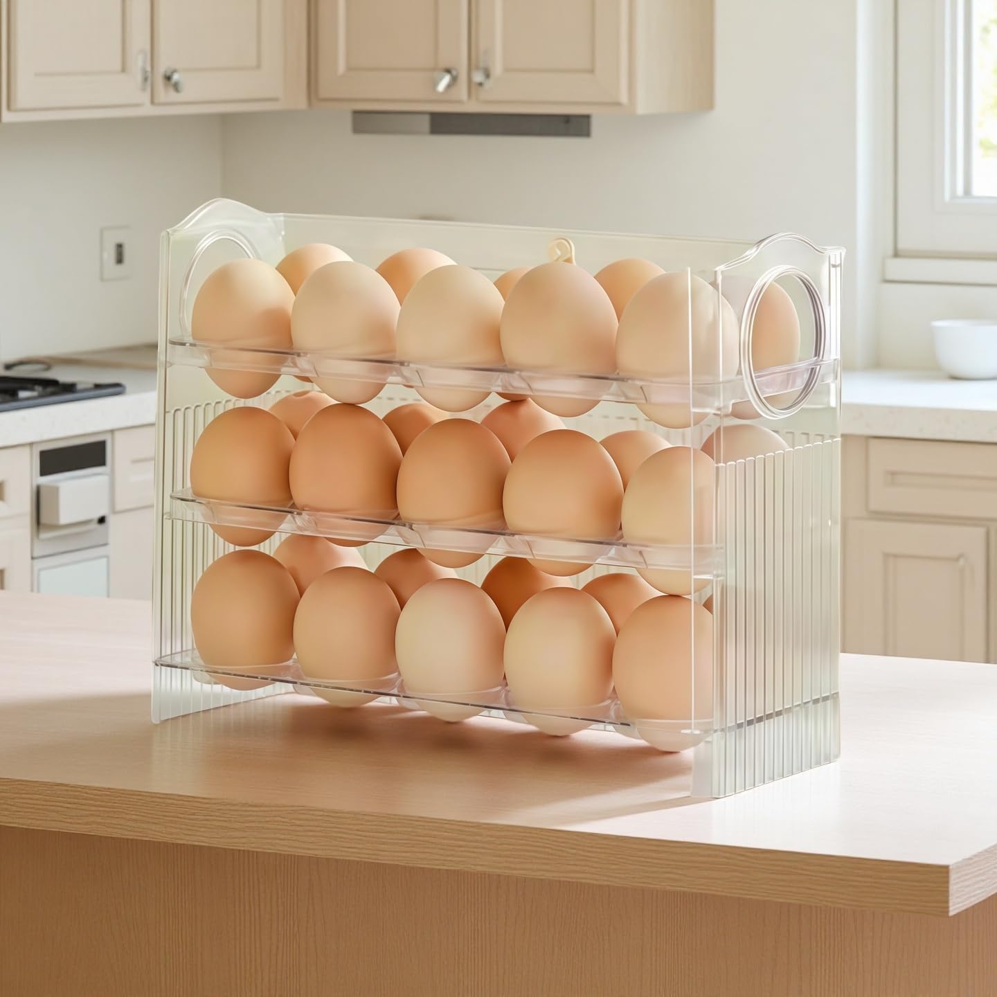 Auto-Flip egg storage for refrigerator，side fridge storage rack egg tray for refrigerator，Eggs Holder Countertop with Timers, Space-Saving Eggs Dispenser for Refrigerator, 30 Eggs Container for