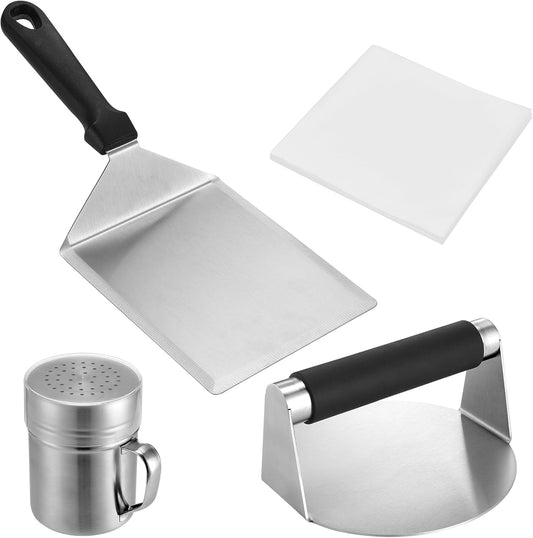 Smashed Burger Press Kit with Stainless Steel Press, Grill Spatula, Seasoning Shaker & Hamburger Patty Papers - Perfect for Blackstone Griddle, BBQs, and Gift Giving