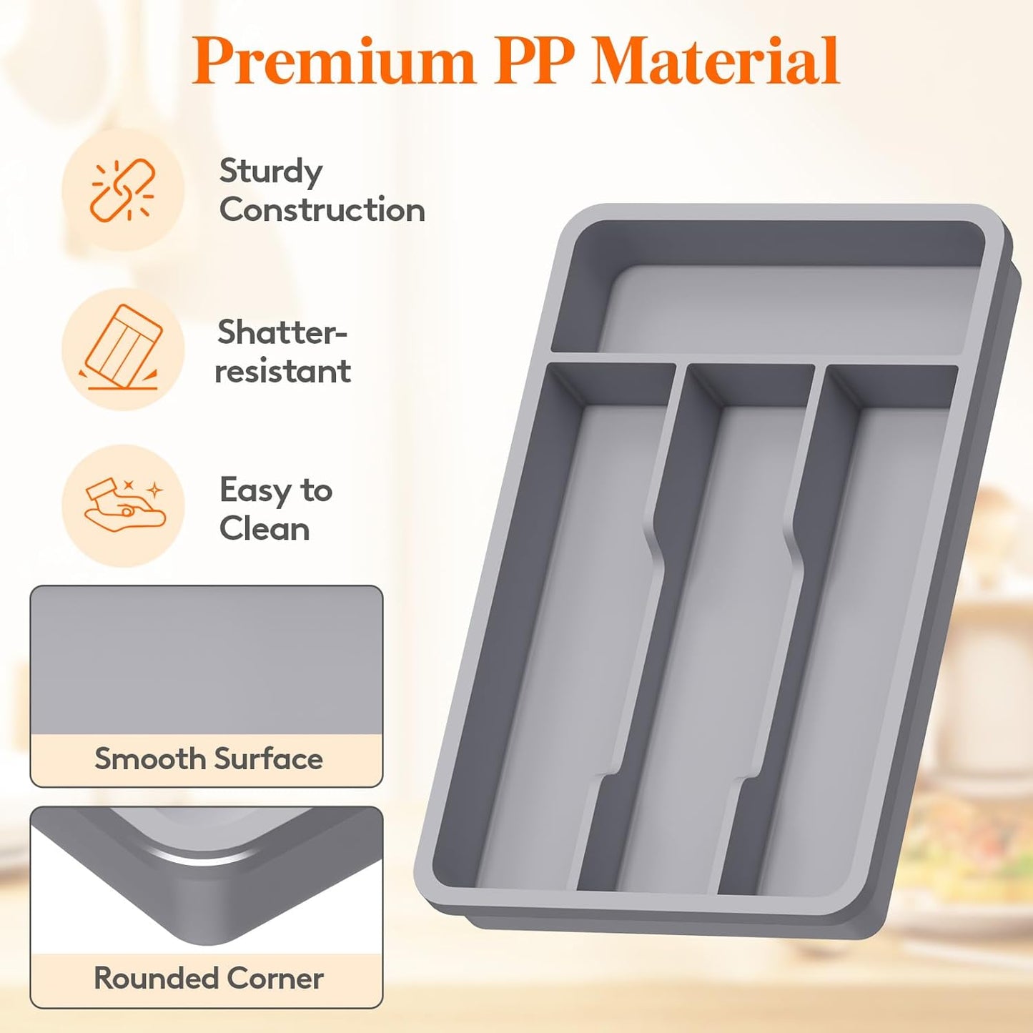 Lifewit Silverware Tray, Cutlery Drawer Organizer Storage for Kitchen, Plastic Flatware Utensil Holder Divider for Spoons Forks Knives Tableware, 4 Compartment, Gray