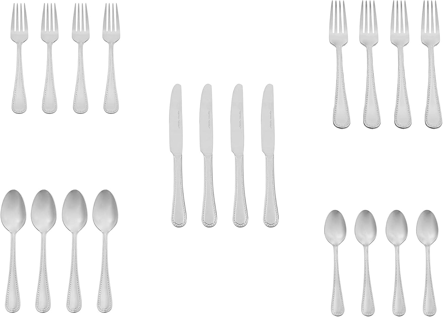 Amazon Basics Silverware Set, Stainless Steel Flatware, Dishwasher Safe, Service for 4, 20-Piece Forks and Spoons, Pearled Edge