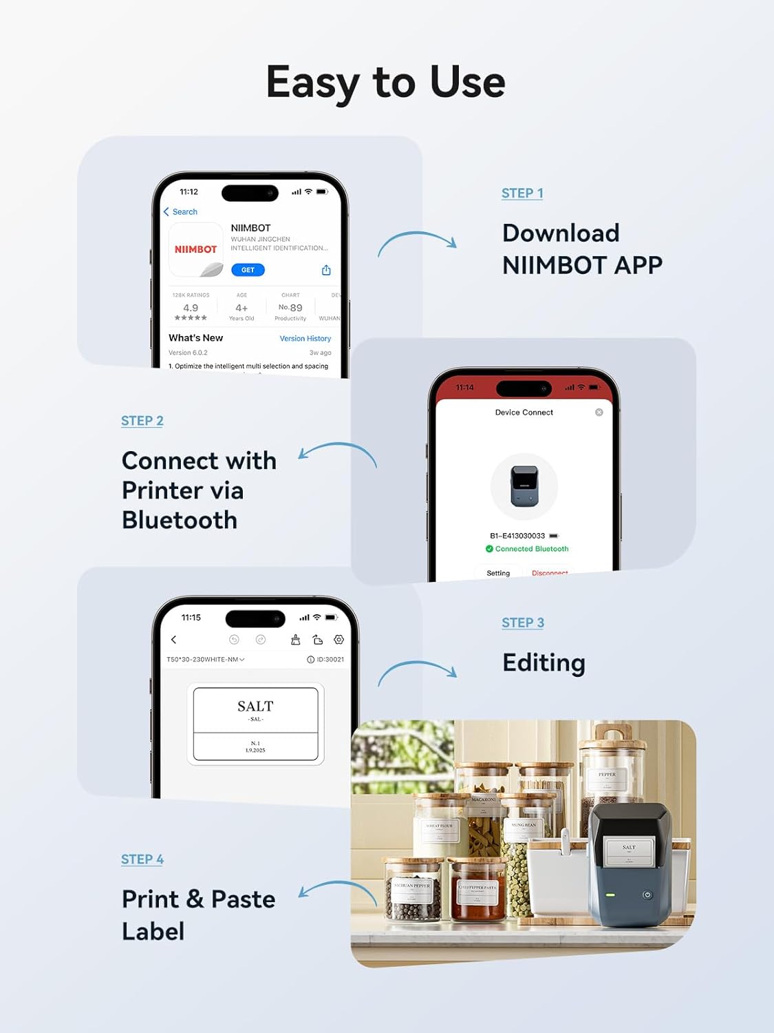 NIIMBOT B1 Label Maker, Bluetooth Portable Thermal Printer Machine with Large Waterproof Tape and Multiple Templates for Small Business,Office,Home,School, 2 Inch (Blue, 1 Printer+3 Roll Label)