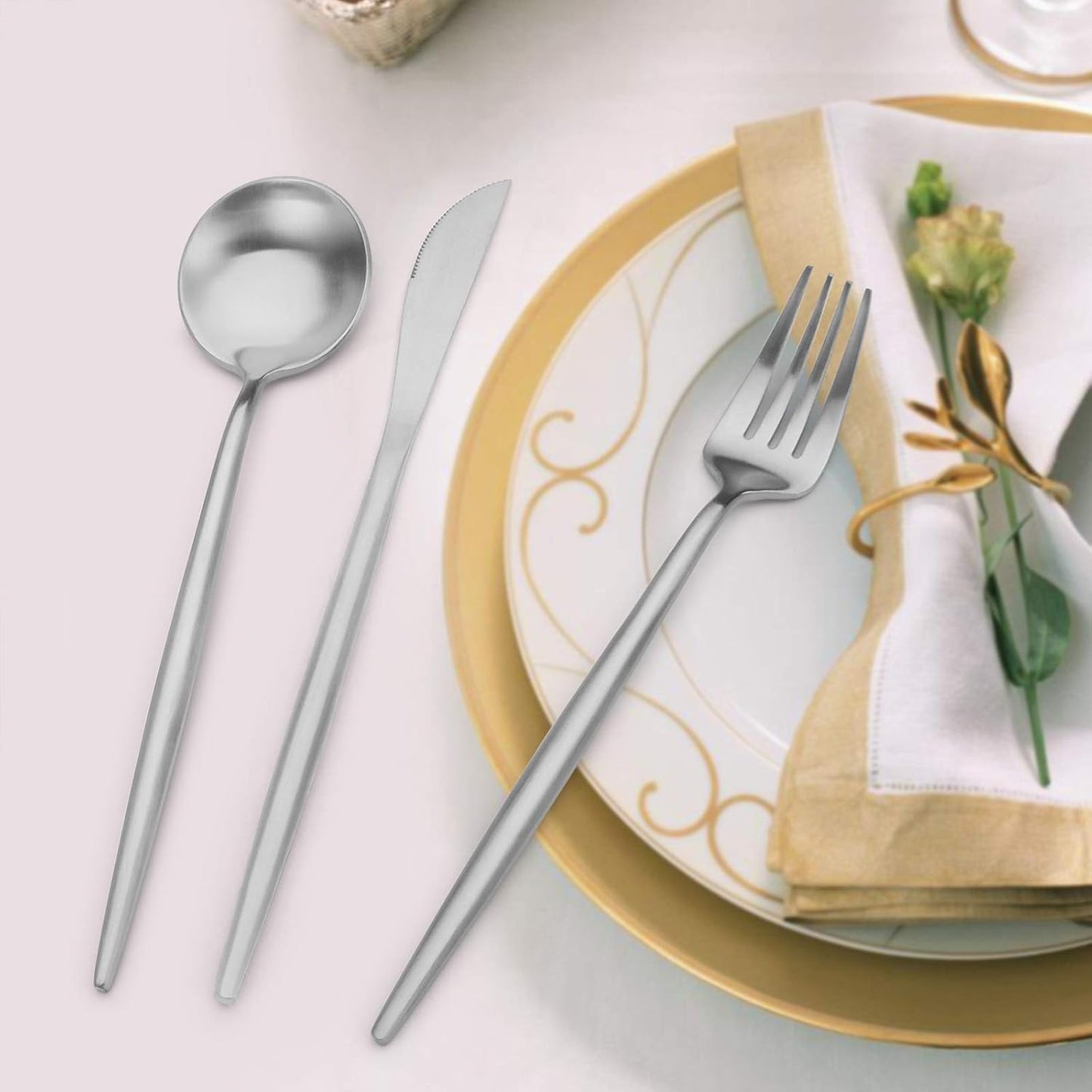 Matte Silverware Set, Oliviola 40-Piece Stainless Steel Flatware Cutlery Set Service for 8, Satin Finish Kitchen Utensil Set, Dishwasher Safe