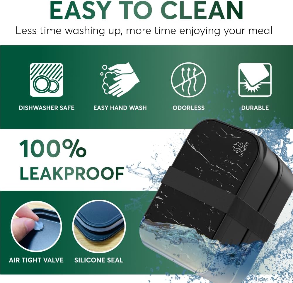 Umami Bento Box Adult All-In-1 w/4 Utensils, 2 Sauce Jars, 2 Dividers, 100% Leakproof, Microwave & Dishwasher Safe, Stackable Lunch Containers for Men/Women, Matte Black & Marble, 68 oz