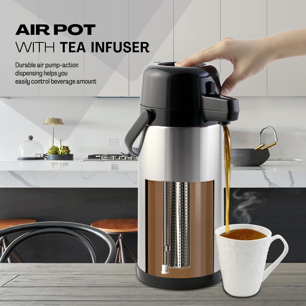 Airpot Coffee Dispenser with Pump,102 OZ/ 3L Large Coffee Dispenser with Tea Filter for Party Hot Drinks Water Tea Chocolate Hot/Cold Water, Insulated Stainless Steel Thermal Carafes