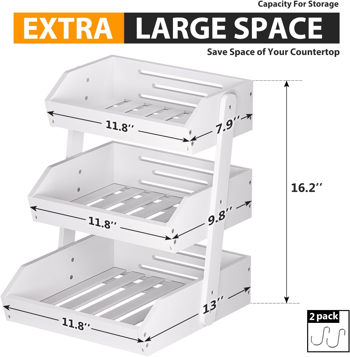 Bamboo Fruit Basket for Kitchen– 3 Tier Fruit Bowl For Kitchen Counter, Large Fruit Holder With Banana Hangers, Idea For Vegetable Storage, Bread Display, Snack Organizer(White)