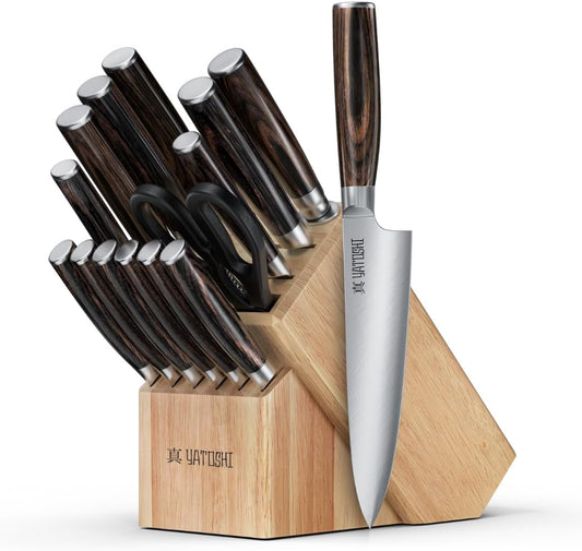 Yatoshi 15 Piece Knife Block Set - Pro Kitchen Knife Set Ultra Sharp High Carbon Stainless Steel with Ergonomic Handle