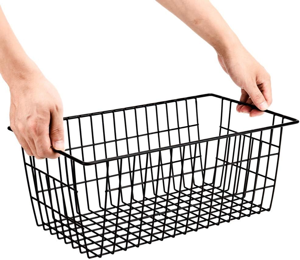 SANNO Freezer Wire Baskets, Refrigerator Freezer Baskets Wire Metal Storage Basket, Farmhouse Storage Organizer Bin for Pantry, Shelf, Kitchen, Cabinet, Bathroom Black 15.7" L x 7.9" Wx 5.9" H