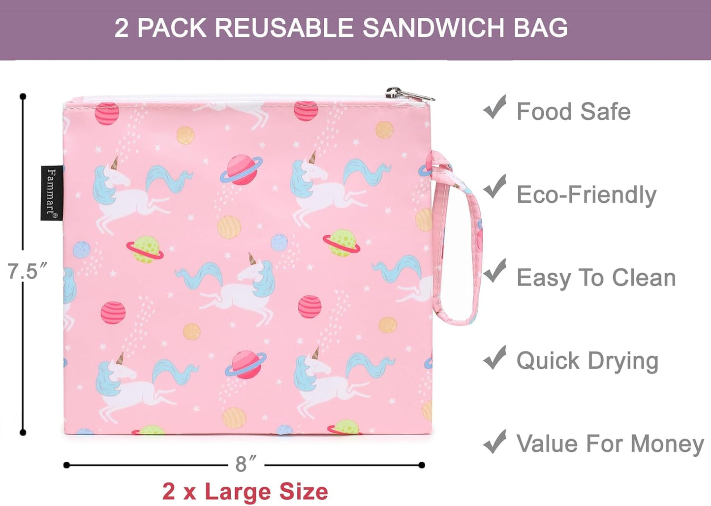 Reusable Sandwich Bag/Snack Bag for Kids & Adults, Dual Layer Lunch Bag with Handle, Washable, Food Safe, BPA Free (2-Pack, Planet Unicorn)