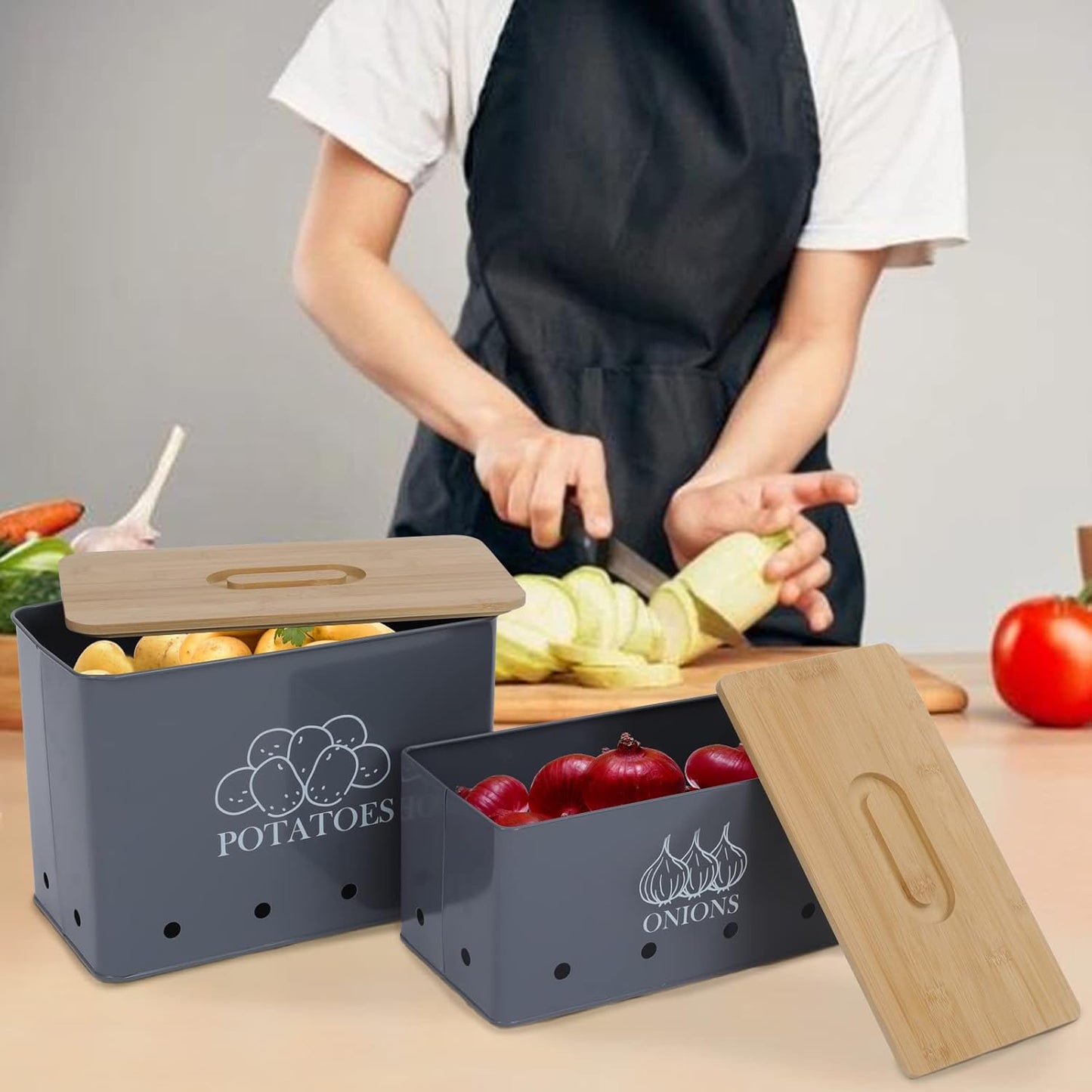 Potato Onion Storage Box, Food Container Sets, Storage Canisters for Vegeatables, Set of 2 Jars Pots Containers, Potato & Onion Bin with Aerating Tin Storage Holes & Bamboo Lid-Gray