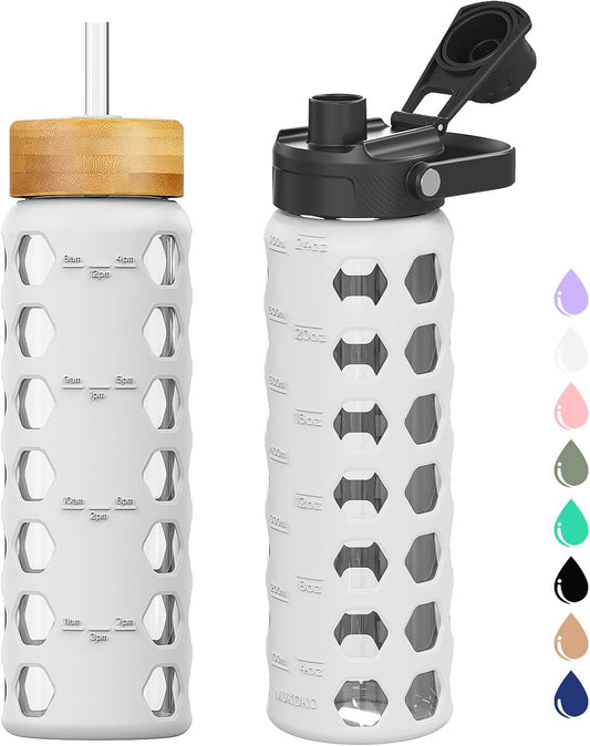 MUKOKO Glass Water Bottles, 24oz Glass Tumbler with Straw, Drinking Bottles with 2 Lids-Handle Spout Lid&Bamboo Straw Lid, Motivational Water Bottle with Time Marker and Silicone Sleeve, 1 Pack-White