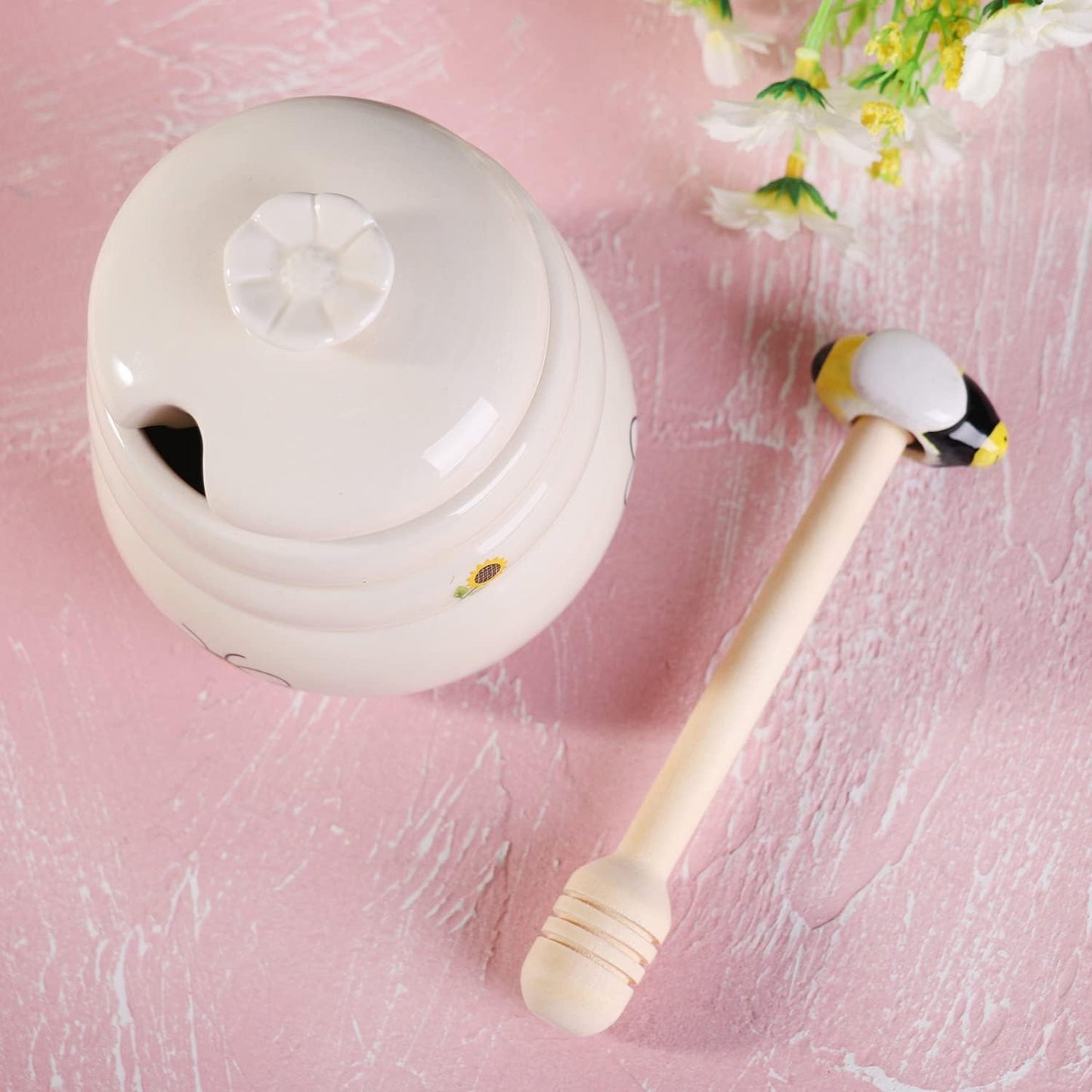 Ceramic Honey Jar with Wooden Honey Dipper-Honey Pot with Dipper- Honey Jar with Stand, Great Bee Decor- Farmhouse Kitchen Decoration (Honey Jar-Bee)