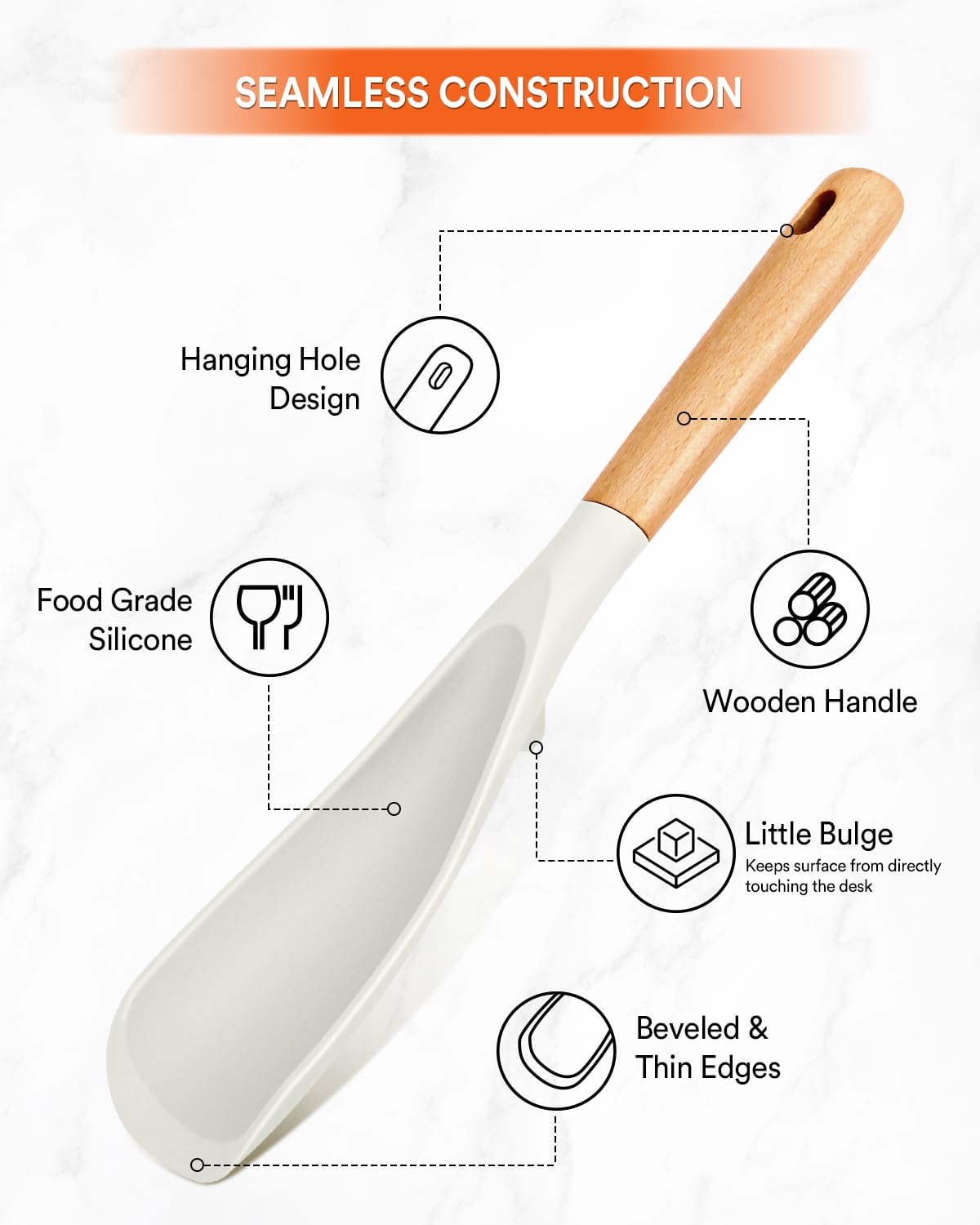 Cooking Spoon and Rice Scooper for Nonstick Cookwares, Great for Cooking and Serving Sturdy BPA-Free Matte Silicone, Wood Handle Spoon for Mixing, Scoop, and Scrape (WHITE)