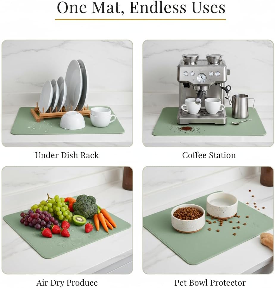 Dish Drying Mat Super Absorbent – 24" x 16" Coffee Mat for Countertops – Non-Slip Drying Mat for Kitchen Counter – Easy to Clean Water Absorbent Mat – Large Dish Drying Mats (Sage)