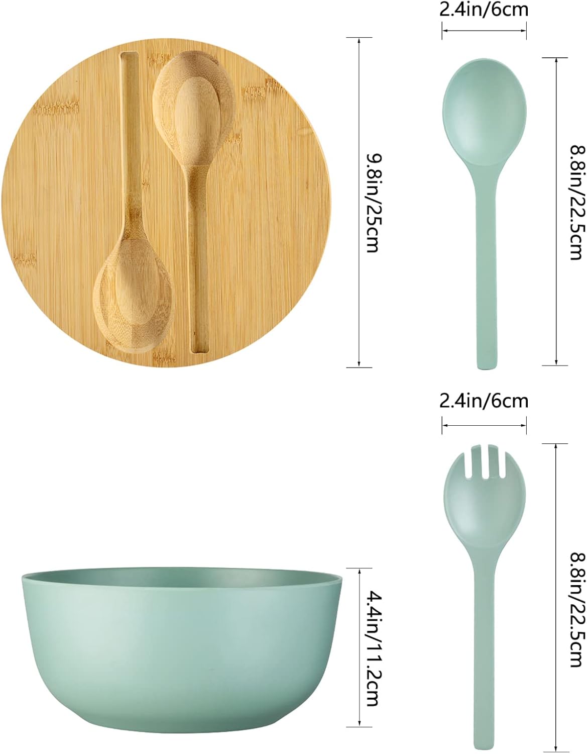 Bamboo Fiber 10 ″ Large Salad Serving Bowl Set with Wooden Lid & Servers, 3.5Qt Big Bowl with Utensils for Mixing Salad,Fruit,Pasta,Lightweight & Dishwasher Safe, Ideal Gift for Home - Teal Color