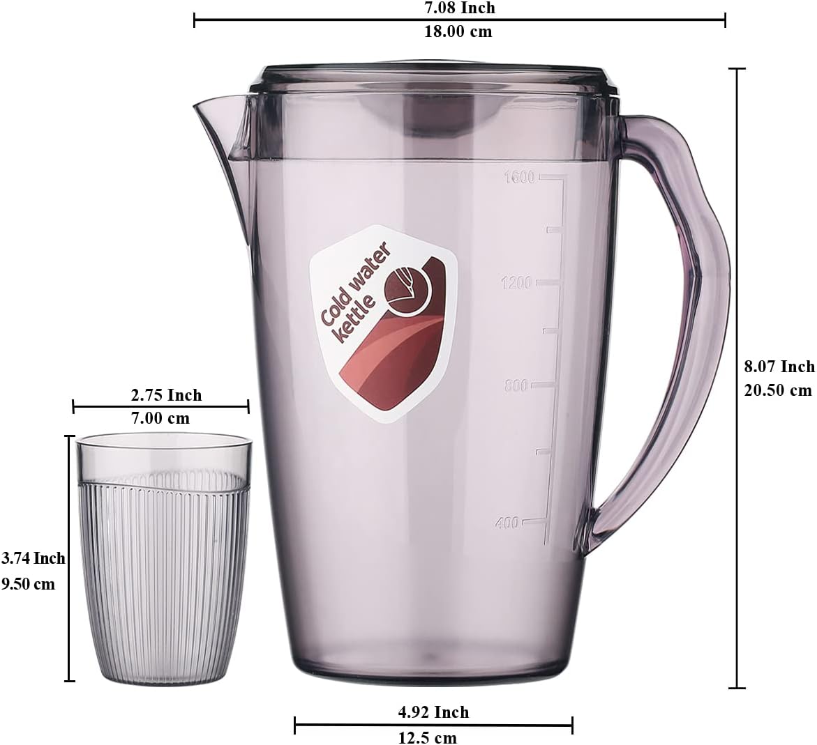 HOMQUEN Plastic Pitcher with 3 Cup, 60 Oz/1.8L Water Pitcher with Lid, Iced Tea Pitcher, Water Carafe, Jar Pitcher, Water Jug with Handle for Tea, Juices, Milk, Cold or Hot Beverages (Gray)
