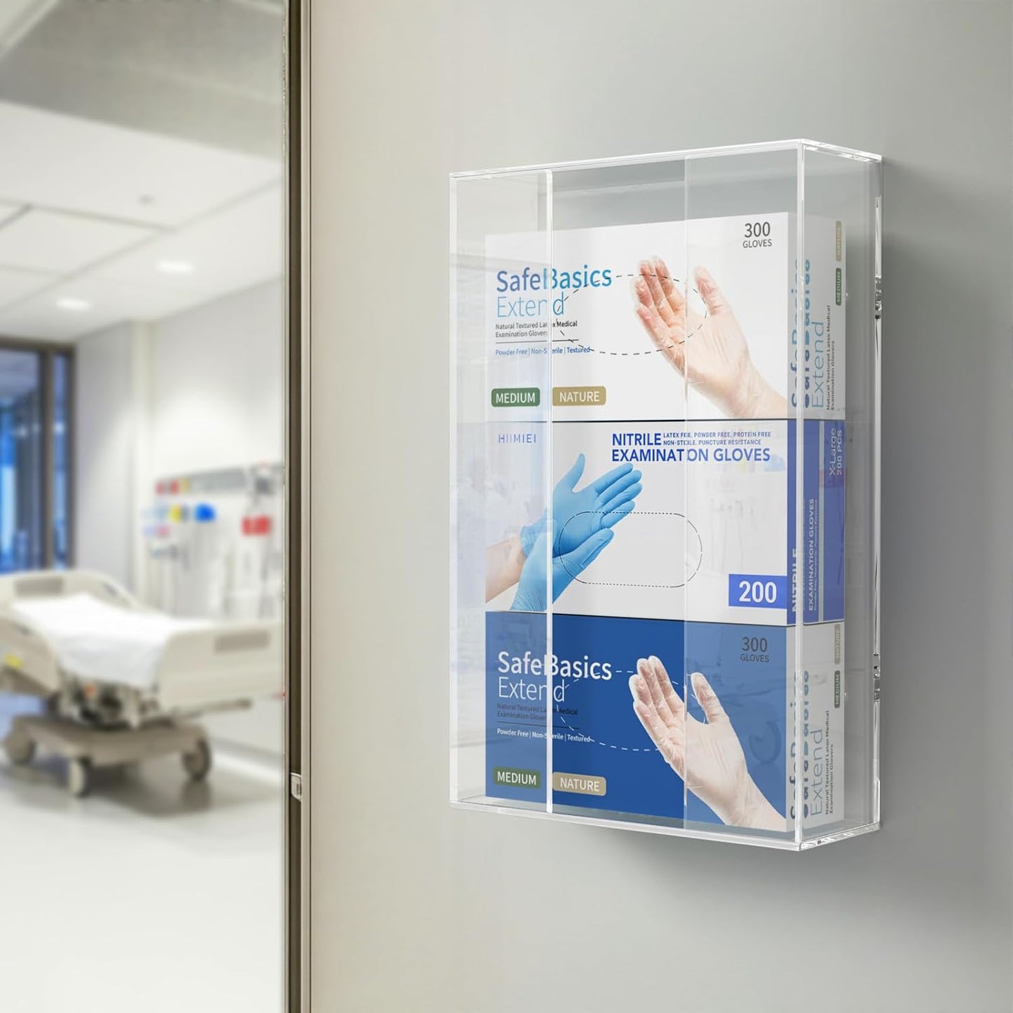 HIIMIEI Acrylic Glove Dispenser Wall Mount, Clear Plastic Glove Rack Floating Triple Gloves Box Holder 16.1'' X 10.2'' X 3.8'', Capacity Of 3 Glove Boxes
