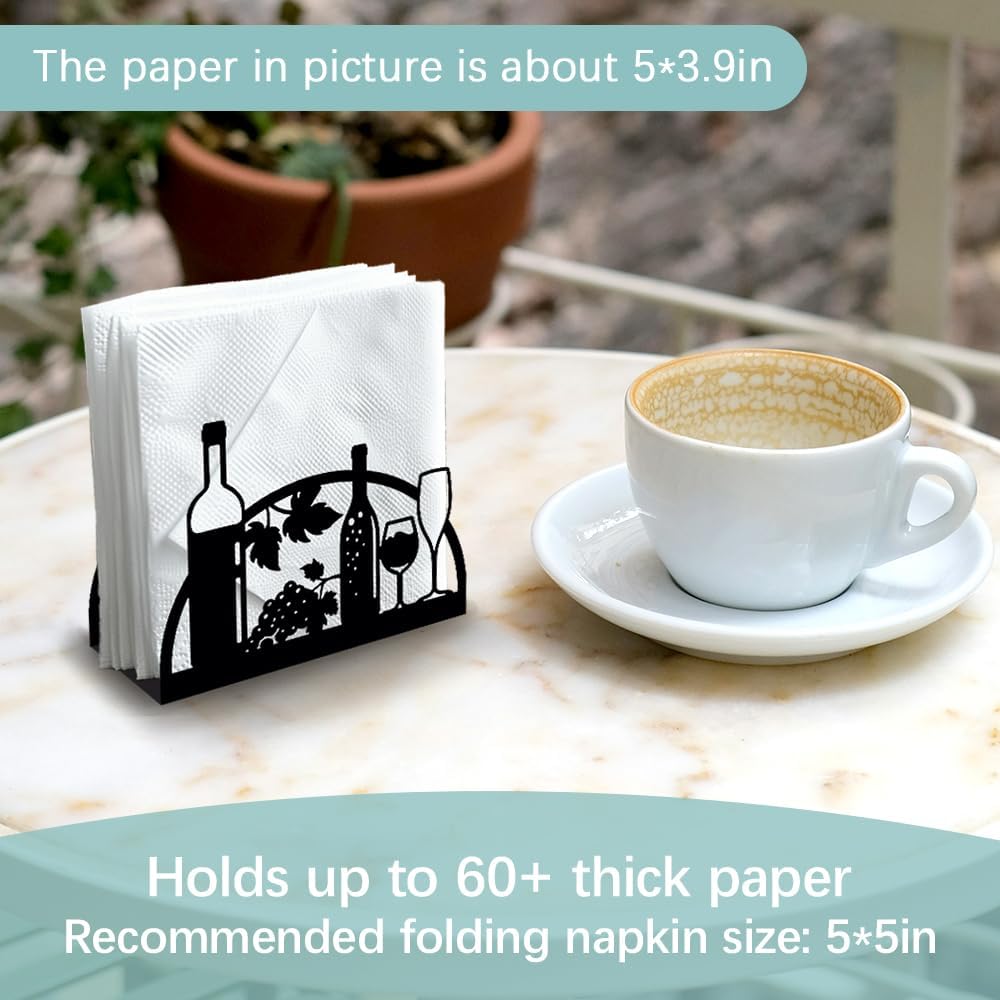 Grape Wine and Glass Decorative Black Metal Napkin Holder for Table, 4.9" x 4.9" x 1.9" Standing Napkin Holder for Home Kitchen Restaurant Picnic Party Coffee Bar Dining Room