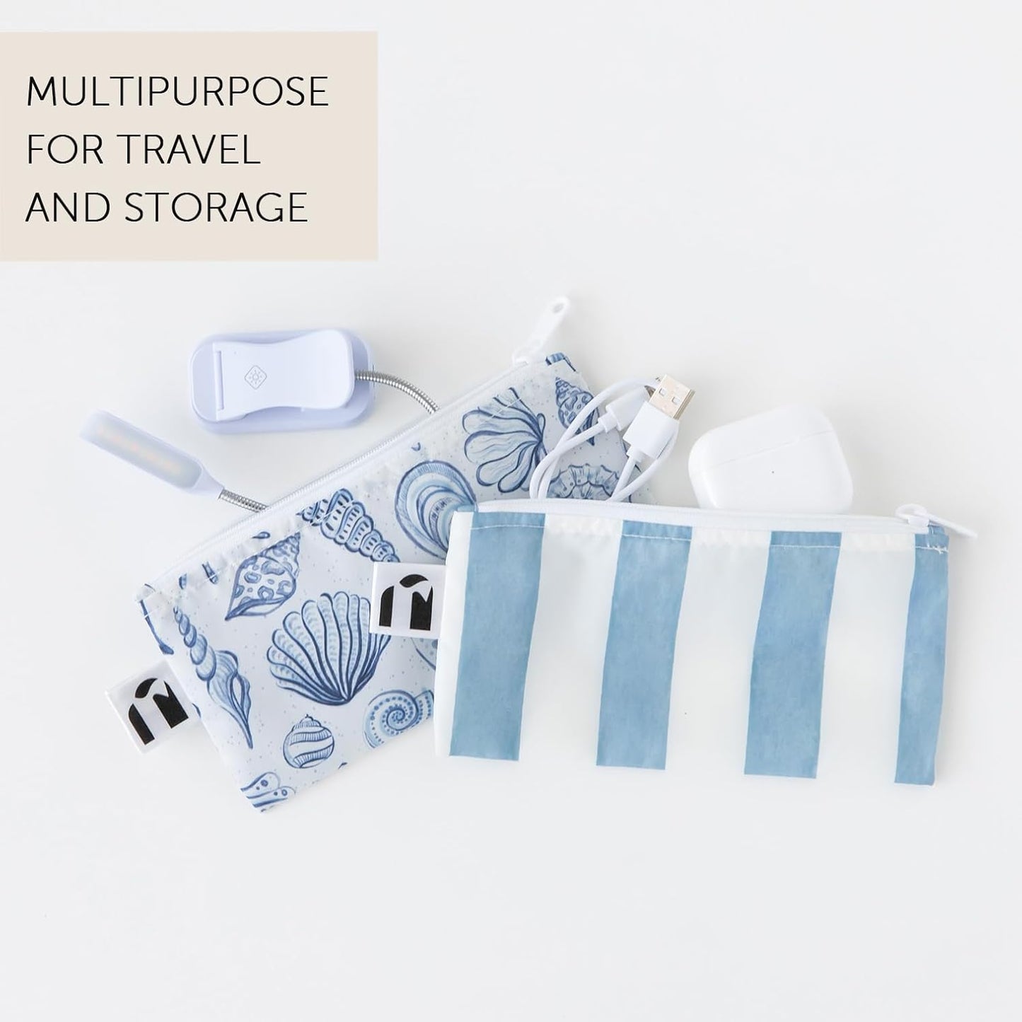 Roamio Reusable Sandwich and Snack Bags, for Kids School Lunch and for Adults Portion, Washable Fabric, Waterproof Cloth Zip Bag, Travel Pouch, Food-Safe, 4-pack Set Nautical Stripe and Blue Shells