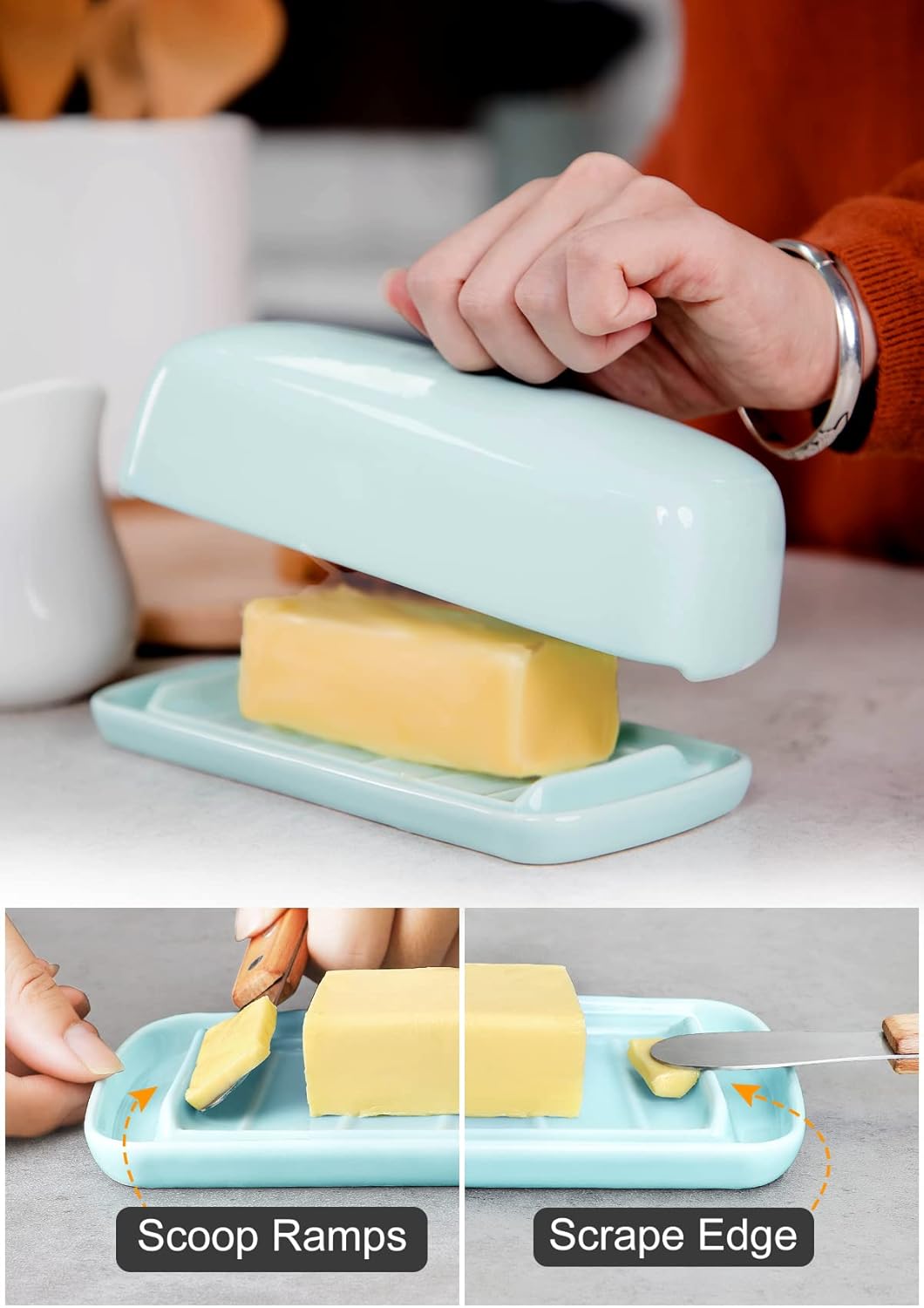 Nucookery Ceramic Butter Dish with Lid | Raised Legs and Non-Slip Strip Design | Porcelain Health | Dishwasher Safe, Lake Blue