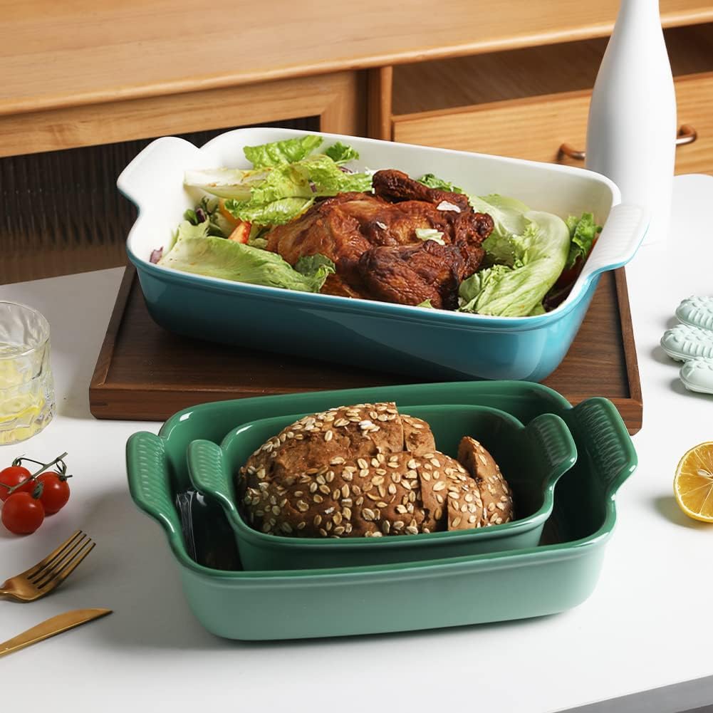 Sweejar Baking Pans Set, Ceramic 9x13 Baking Dish with Handle, Rectangular Casserole Dishes for Oven, Bakeware Sets of 3, Durable Lasagna Pan Deep for Kitchen, Banquet, Wedding Gift(Green)