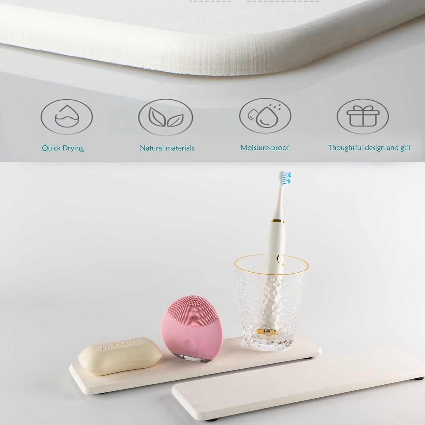 2 Pcs Water Absorbing Stone Trays, Kitchen/Bathroom Sink Soap Dish, Diatomite Tray Used for Hand Soap & Cosmetic Bottles in The Modern Home, 3.15" W x 11.8" L, White